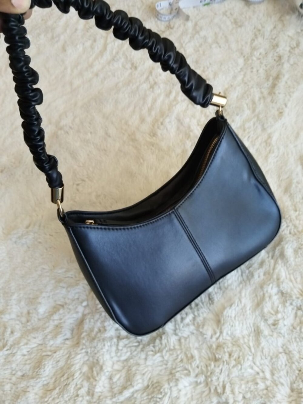 Topshop Black Ruched Handle Shoulder Bag Faux Leather Handbag Crossbody